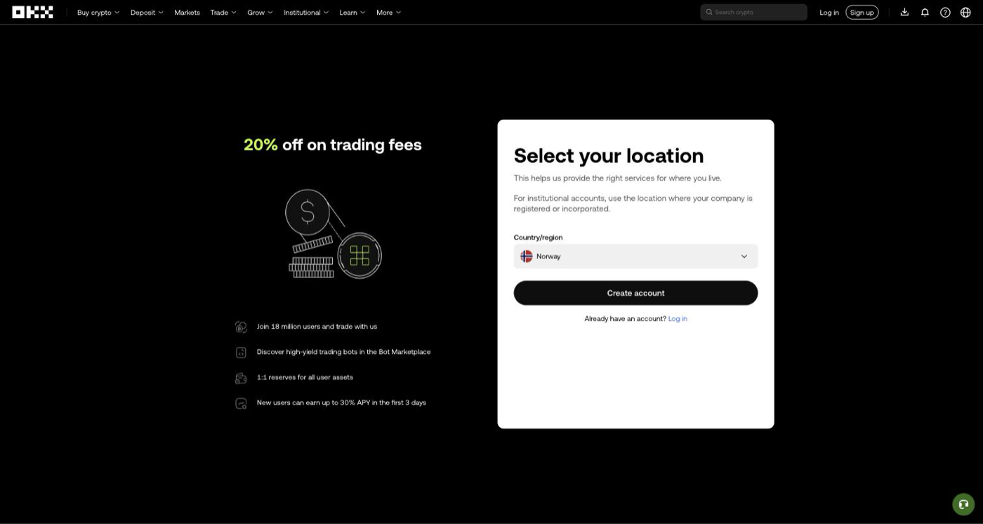 OKX's official sign-up page at okx.com/join/save20 showing "20% off on trading fees" with referral code SAVE20 applied